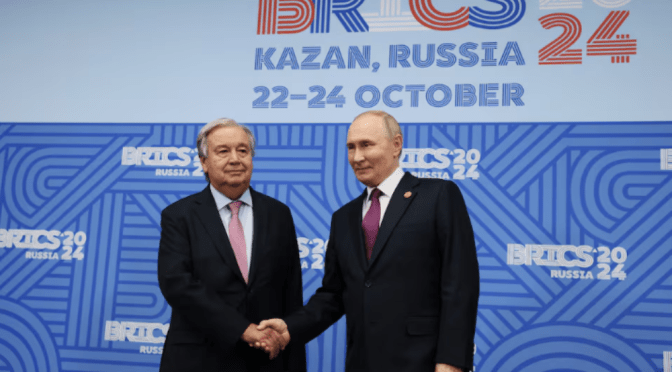 Antonio Guterres and Vladimir Putin at 2024 BRICS Summit in Kazan, Russia